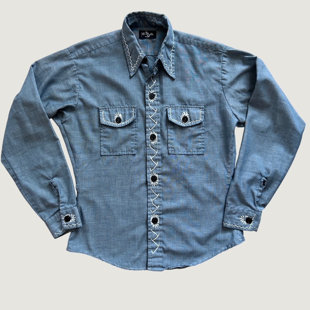 Vintage CPO Blue Chambray Embroidered Western Shirt 70s Nautical Anchor Button S